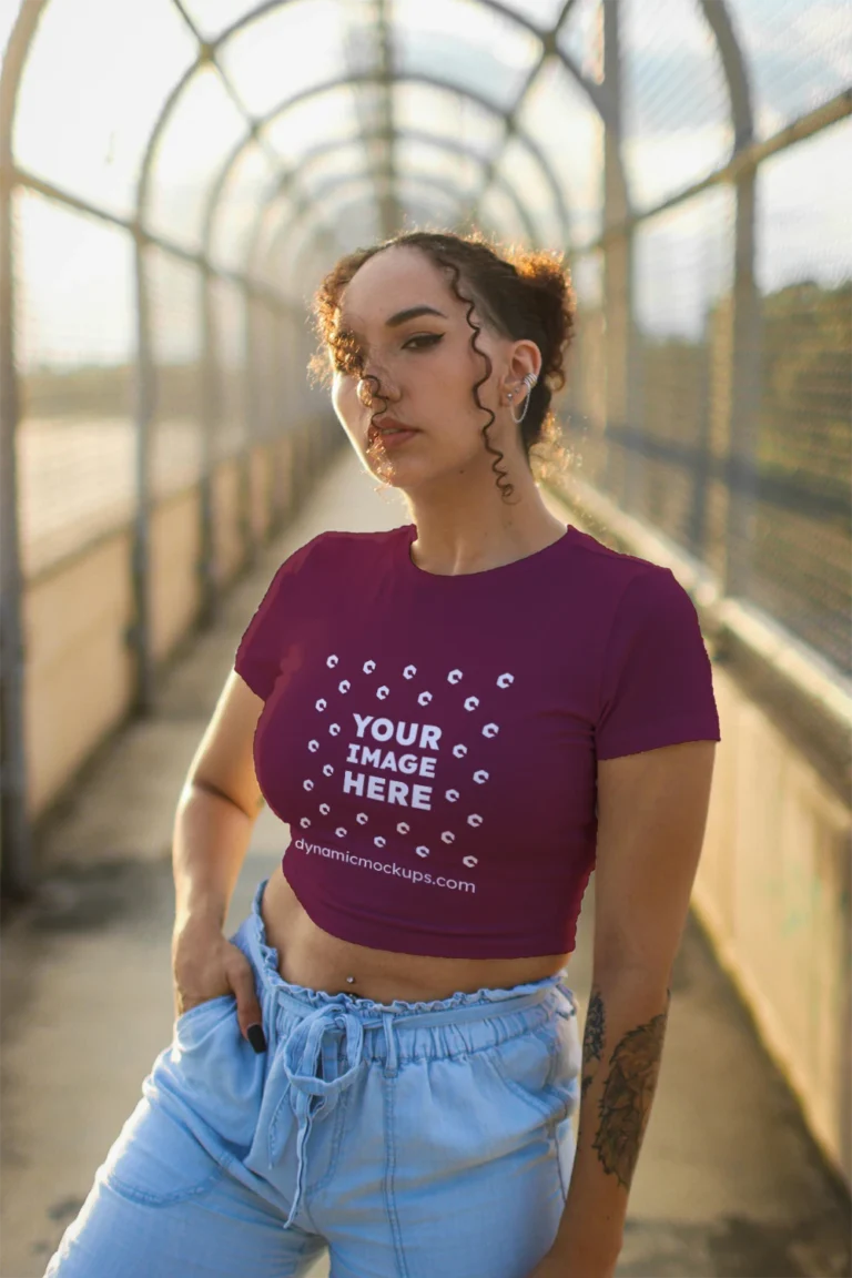 Woman Wearing Maroon T-shirt Mockup Front View Template