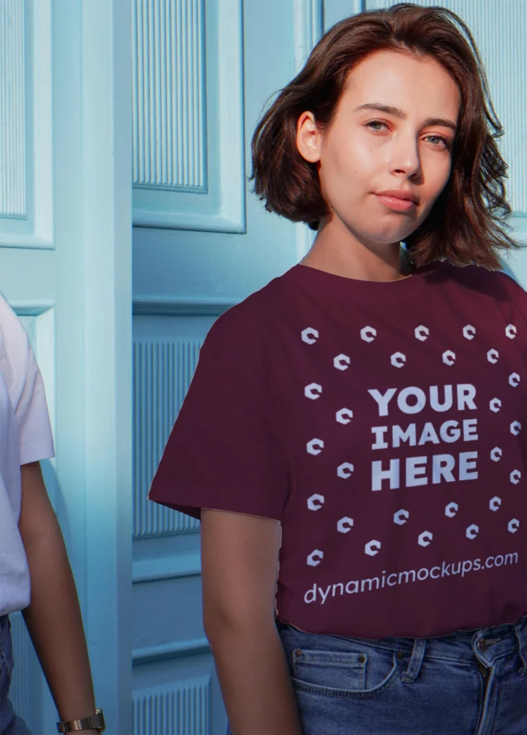Woman Wearing Maroon T-shirt Mockup Front View Template