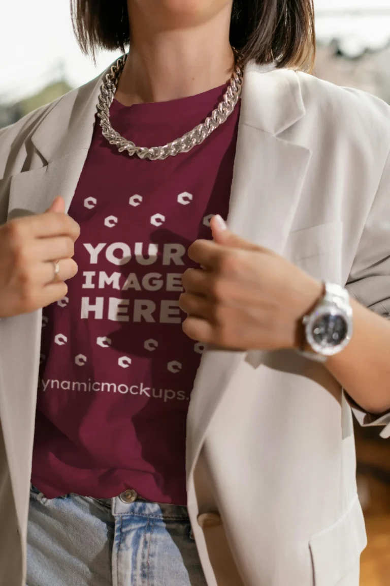 Woman Wearing Maroon T-shirt Mockup Front View Template