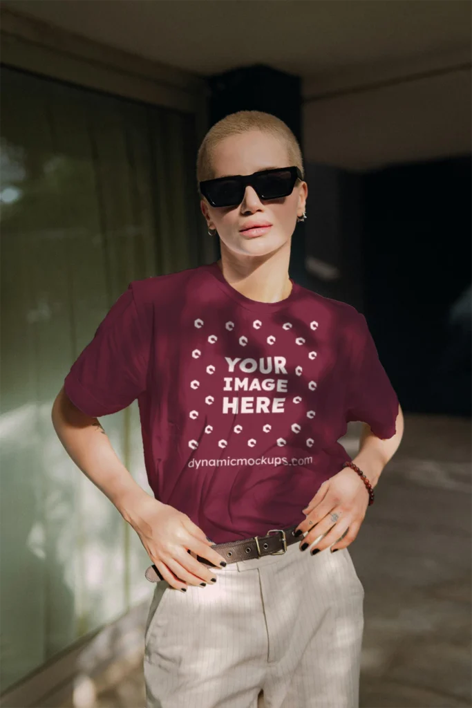 Woman Wearing Maroon T-shirt Mockup Front View Template