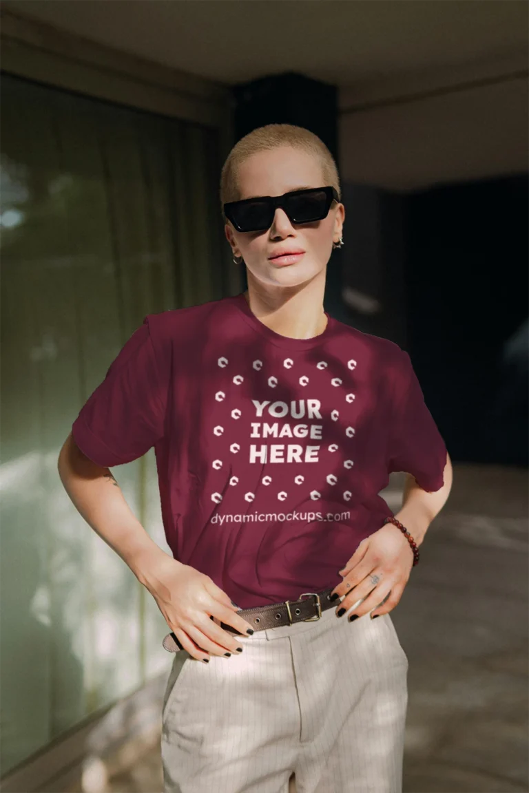 Woman Wearing Maroon T-shirt Mockup Front View Template