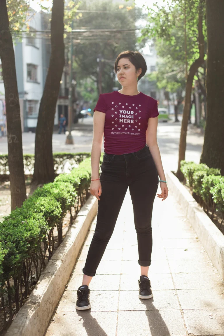Woman Wearing Maroon T-shirt Mockup Front View Template