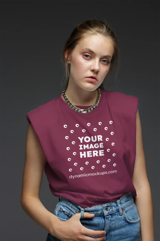 Woman Wearing Maroon T-shirt Mockup Front View Template