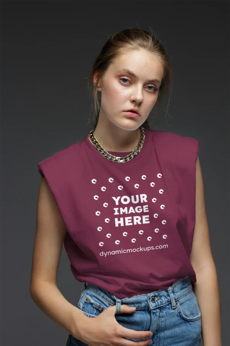 Woman Wearing Maroon T-shirt Mockup Front View Template