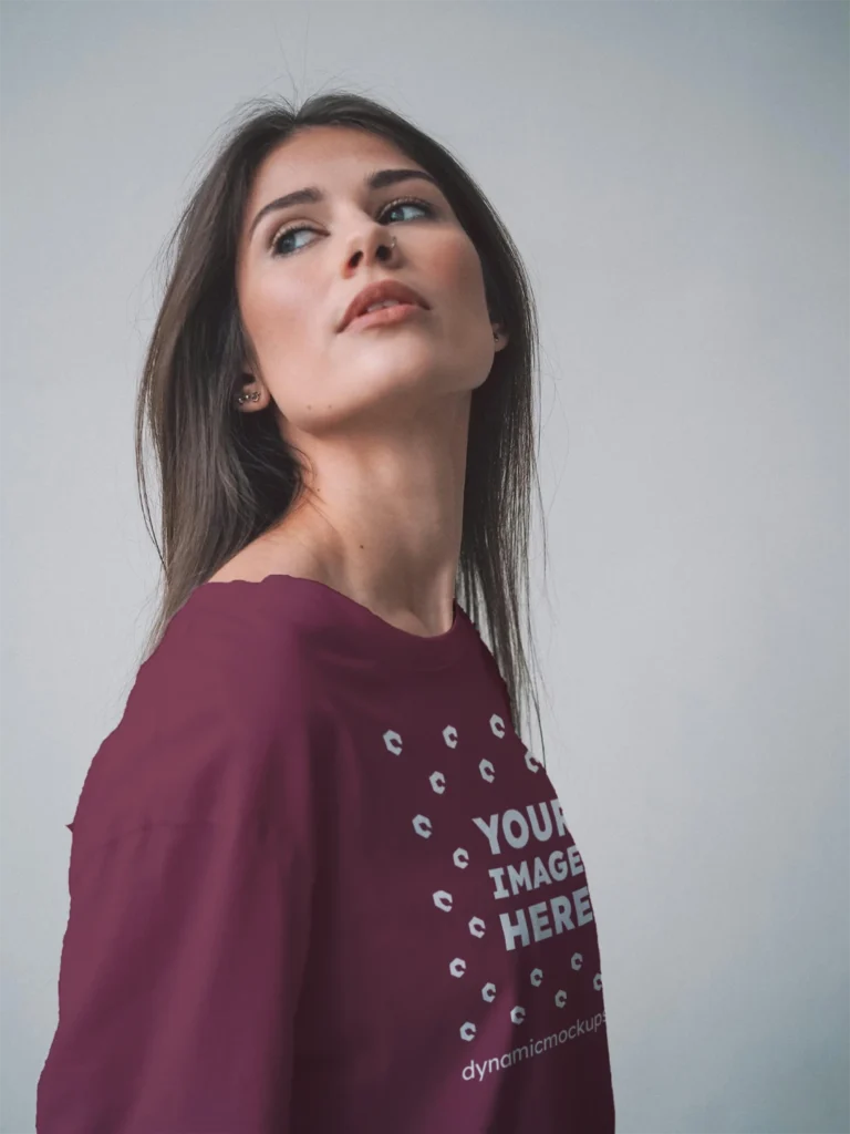 Woman Wearing Maroon T-shirt Mockup Front View Template