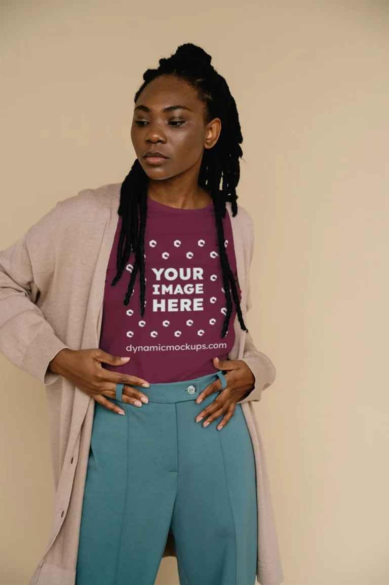 Woman Wearing Maroon T-shirt Mockup Front View Template