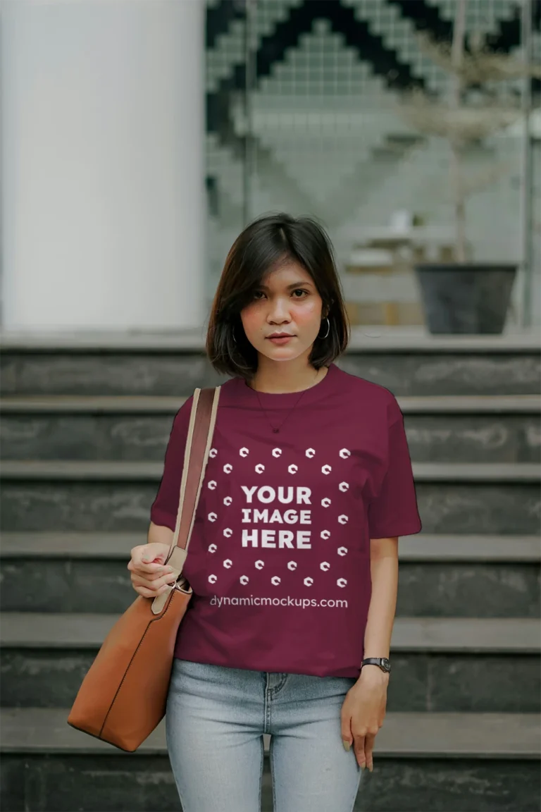 Woman Wearing Maroon T-shirt Mockup Front View Template