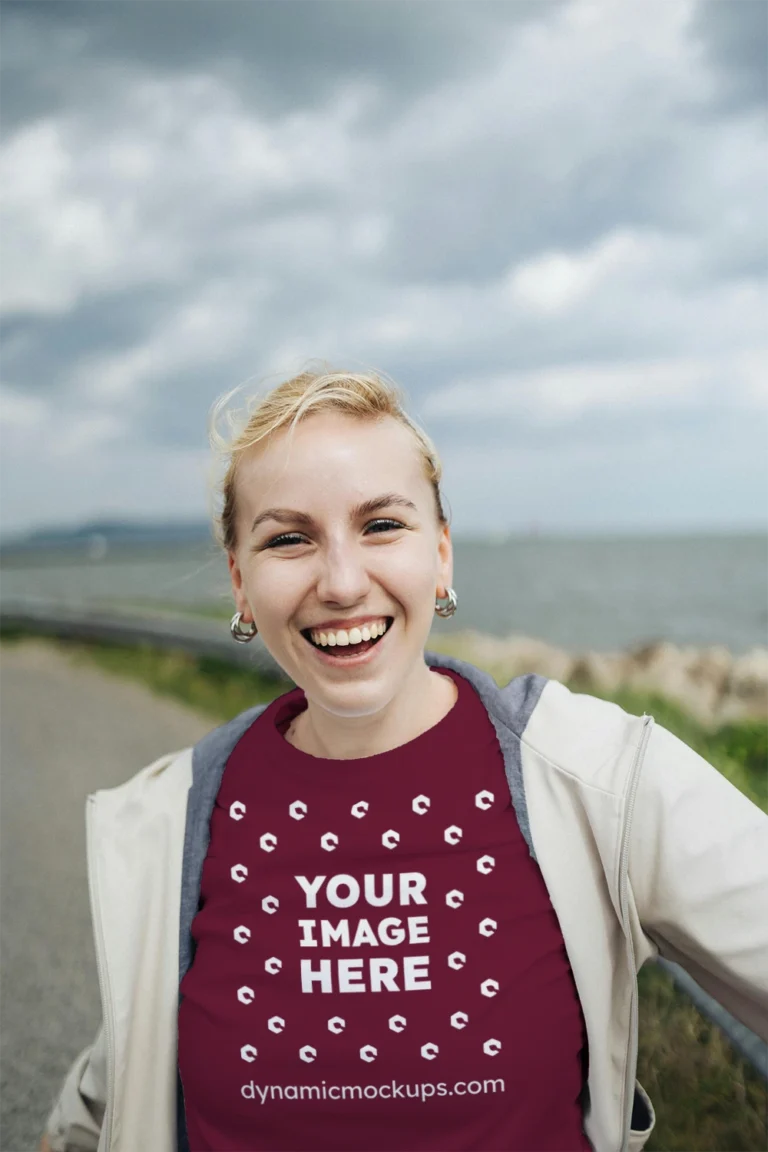 Woman Wearing Maroon T-shirt Mockup Front View Template