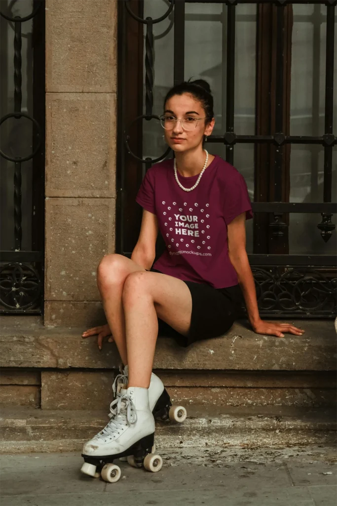 Woman Wearing Maroon T-shirt Mockup Front View Template