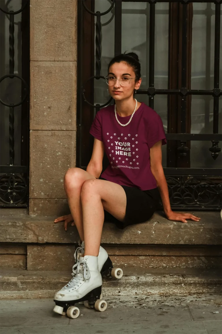 Woman Wearing Maroon T-shirt Mockup Front View Template