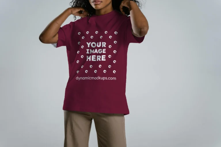 Woman Wearing Maroon T-shirt Mockup Front View Template