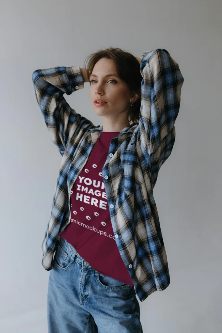 Woman Wearing Maroon T-shirt Mockup Front View Template