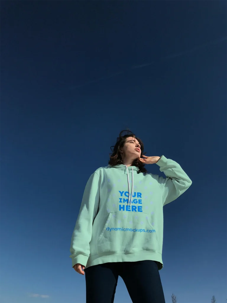 Woman Wearing Mint Hoodie Mockup Front View Template