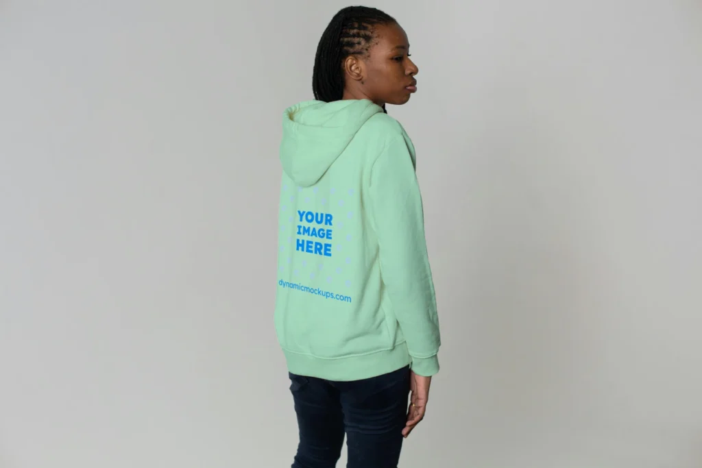 Woman Wearing Mint Hoodie Mockup Back View Template