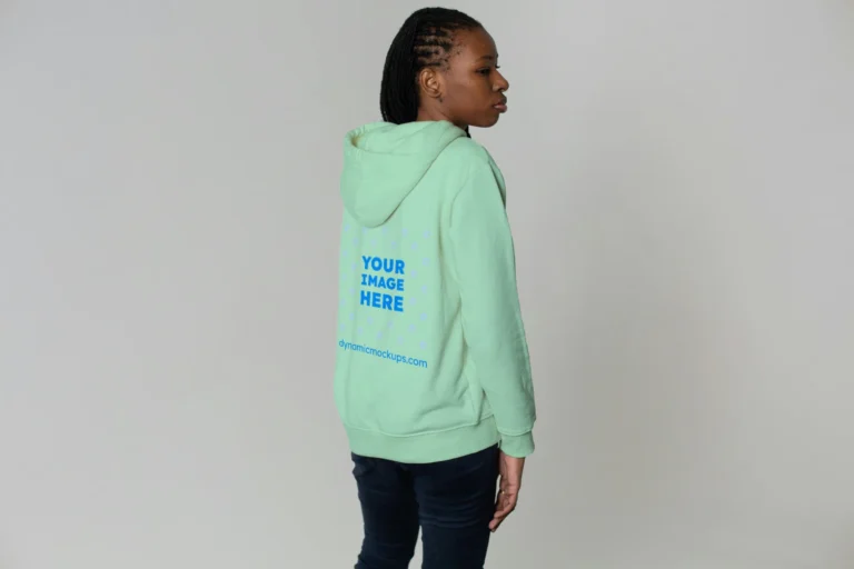 Woman Wearing Mint Hoodie Mockup Back View Template