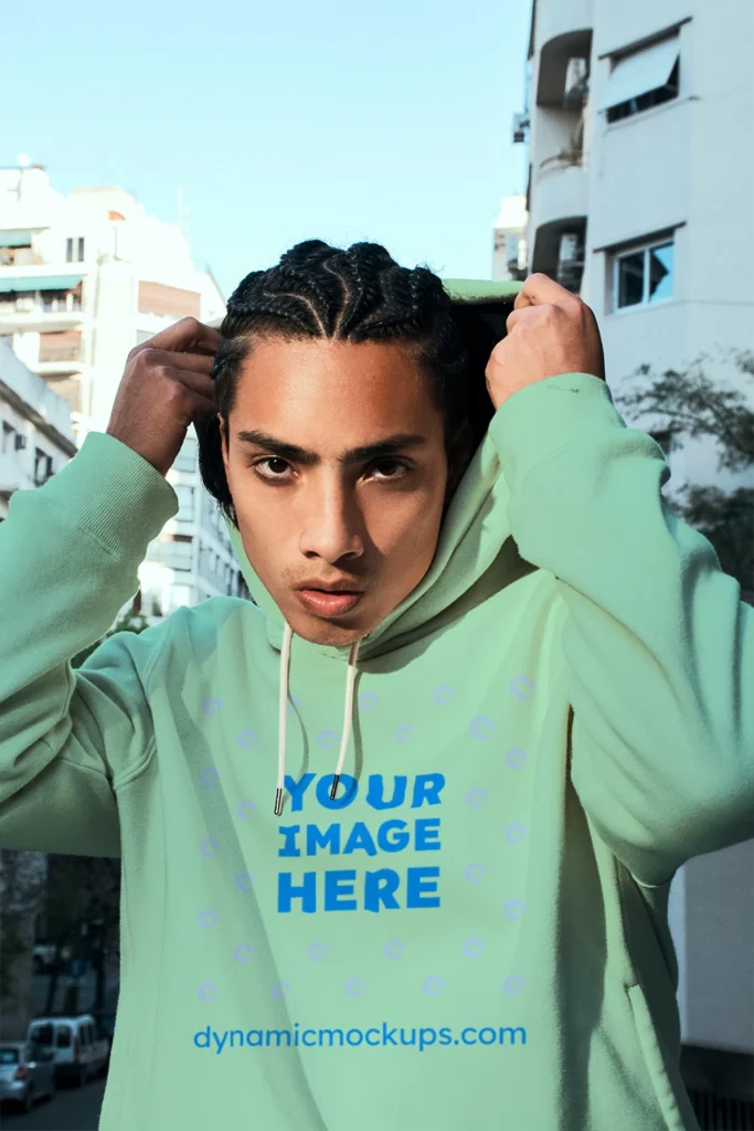 Woman Wearing Mint Hoodie Mockup Front View Template