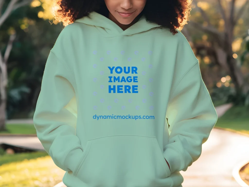 Woman Wearing Mint Hoodie Mockup Front View Template