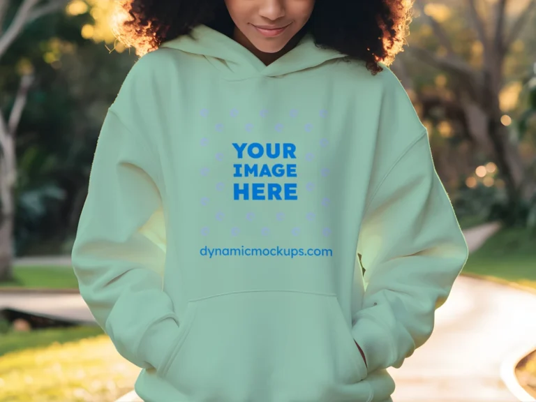 Woman Wearing Mint Hoodie Mockup Front View Template