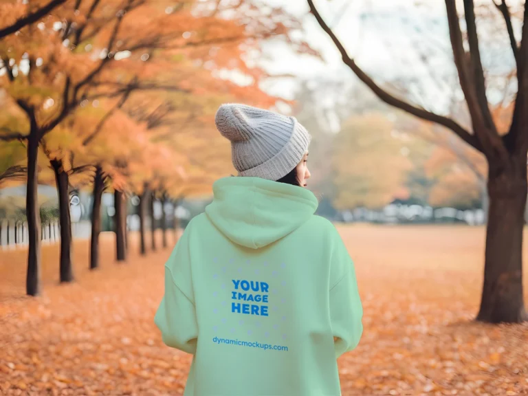 Woman Wearing Mint Hoodie Mockup Back View Template