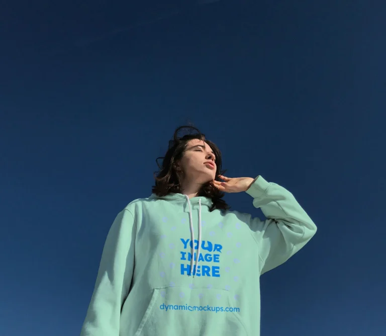 Woman Wearing Mint Hoodie Mockup Front View Template