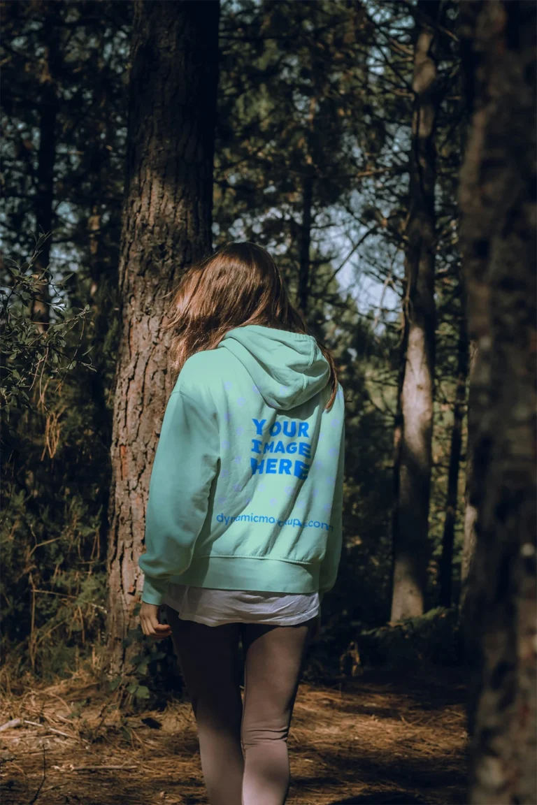 Woman Wearing Mint Hoodie Mockup Back View Template