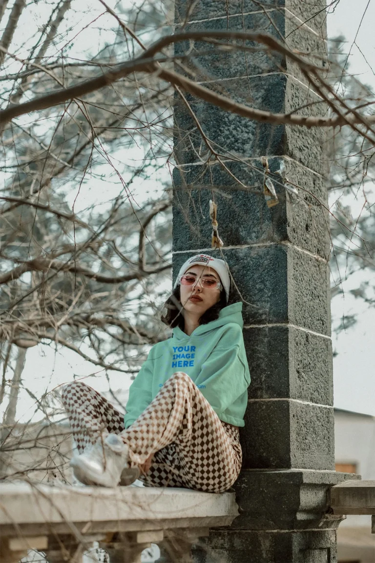 Woman Wearing Mint Hoodie Mockup Front View Template