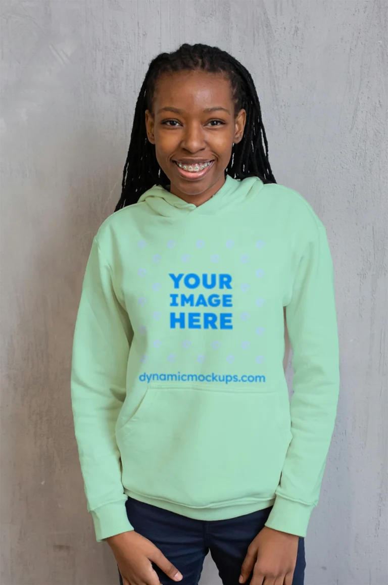 Woman Wearing Mint Hoodie Mockup Front View Template
