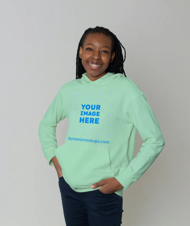 Woman Wearing Mint Hoodie Mockup Front View Template