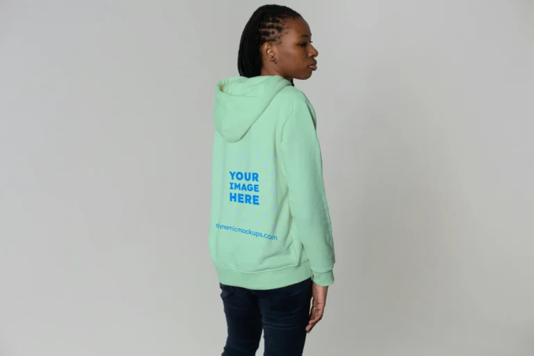 Woman Wearing Mint Hoodie Mockup Back View Template
