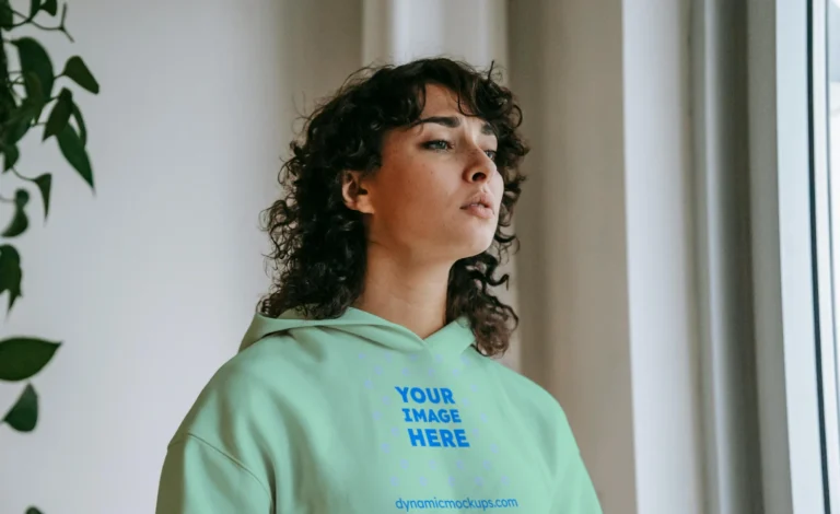 Woman Wearing Mint Hoodie Mockup Front View Template