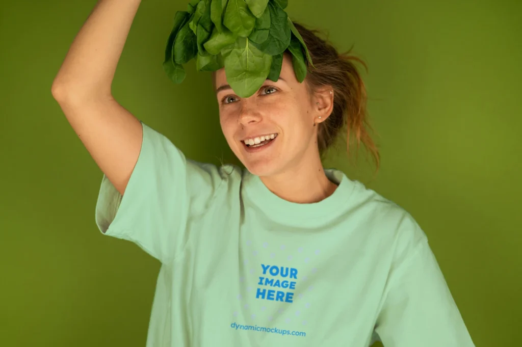 Woman Wearing Mint T-shirt Mockup Front View Template