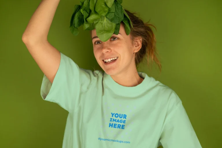 Woman Wearing Mint T-shirt Mockup Front View Template