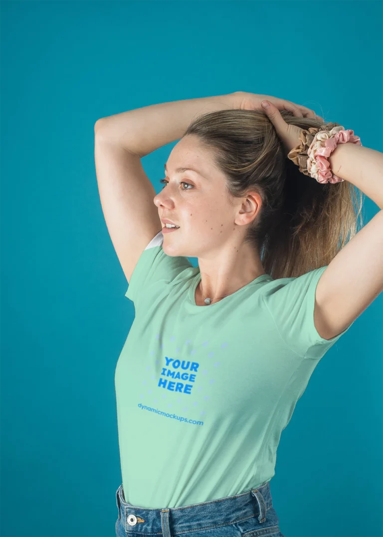 Woman Wearing Mint T-shirt Mockup Front View Template