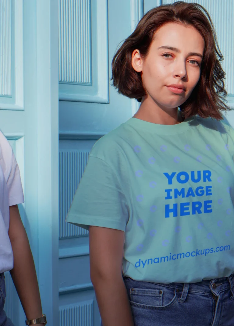 Woman Wearing Mint T-shirt Mockup Front View Template