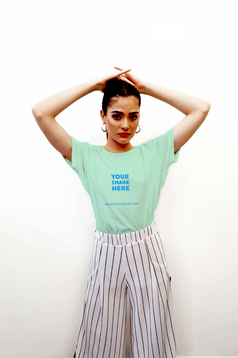 Woman Wearing Mint T-shirt Mockup Front View Template