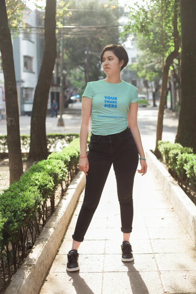 Woman Wearing Mint T-shirt Mockup Front View Template