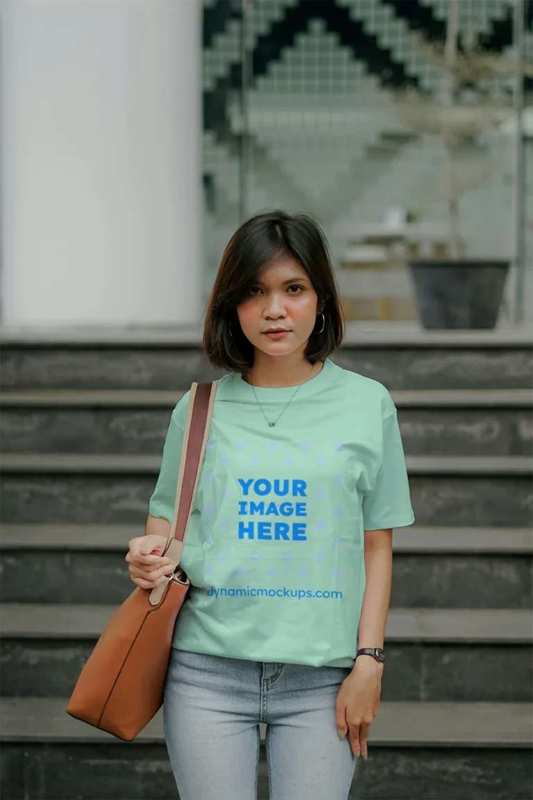 Woman Wearing Mint T-shirt Mockup Front View Template