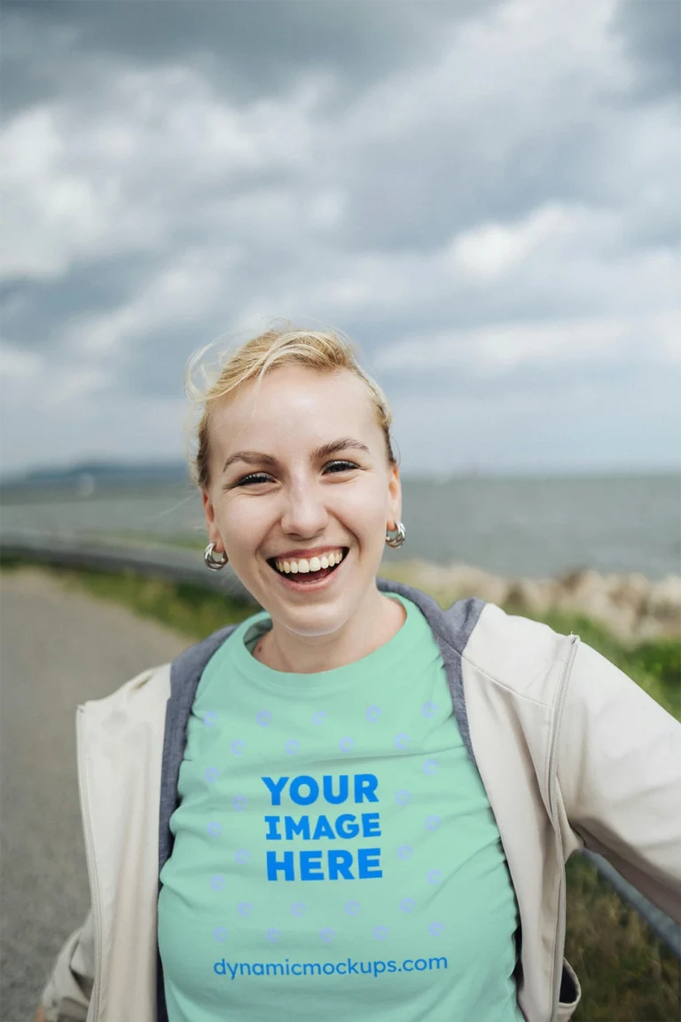 Woman Wearing Mint T-shirt Mockup Front View Template