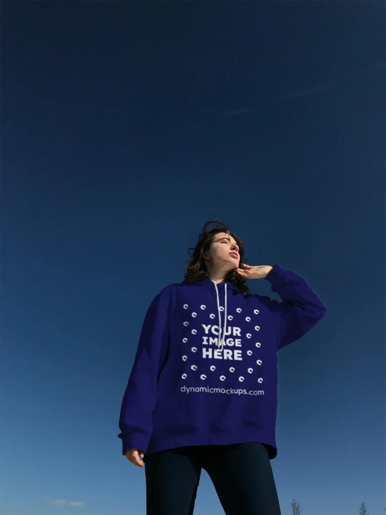 Woman Wearing Navy Blue Hoodie Mockup Front View Template