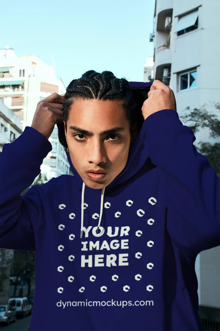 Woman Wearing Navy Blue Hoodie Mockup Front View Template