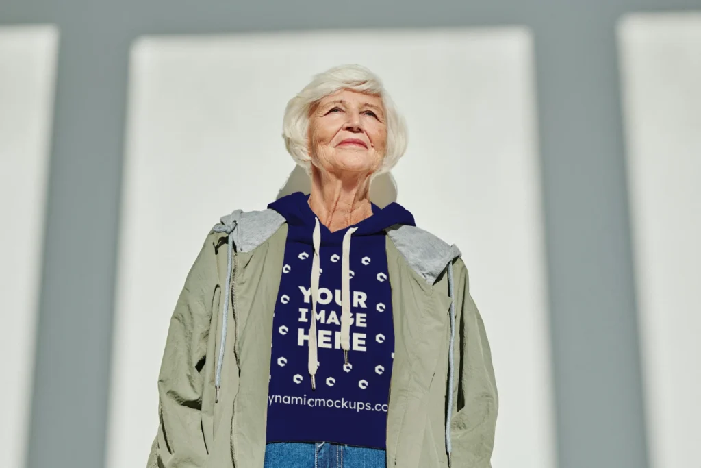 Woman Wearing Navy Blue Hoodie Mockup Front View Template