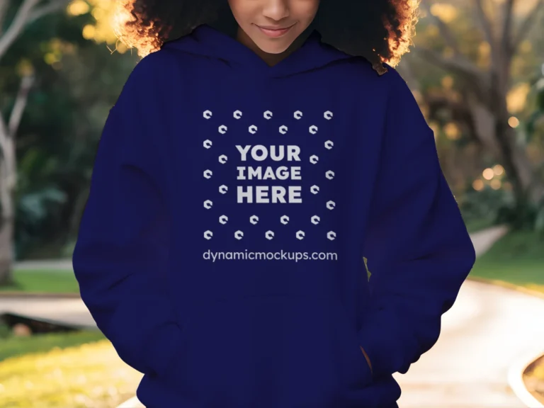 Woman Wearing Navy Blue Hoodie Mockup Front View Template