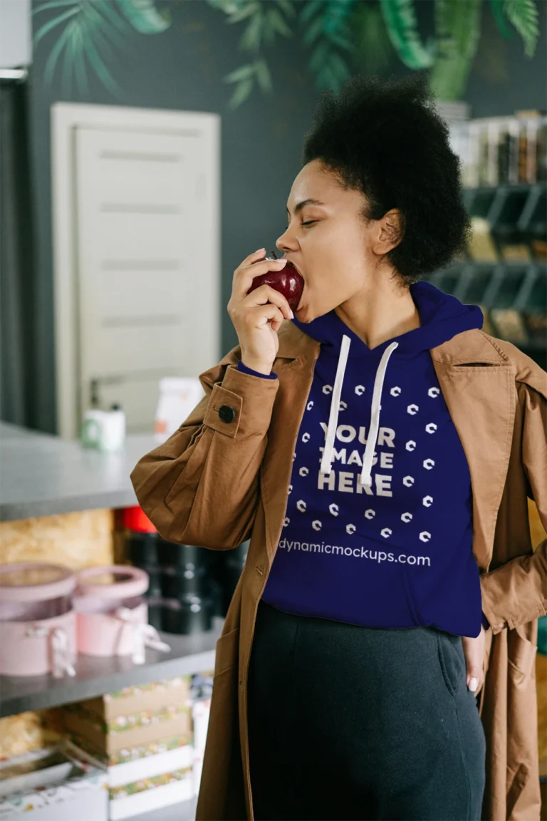 Woman Wearing Navy Blue Hoodie Mockup Front View Template
