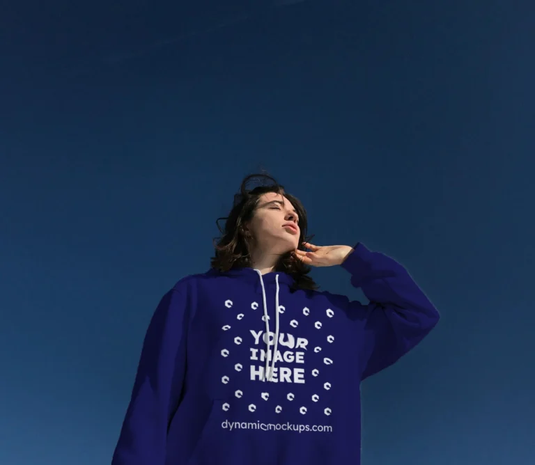 Woman Wearing Navy Blue Hoodie Mockup Front View Template