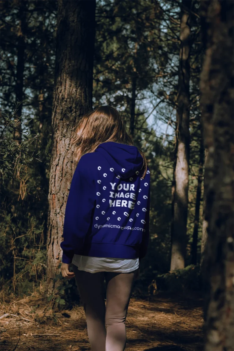 Woman Wearing Navy Blue Hoodie Mockup Back View Template