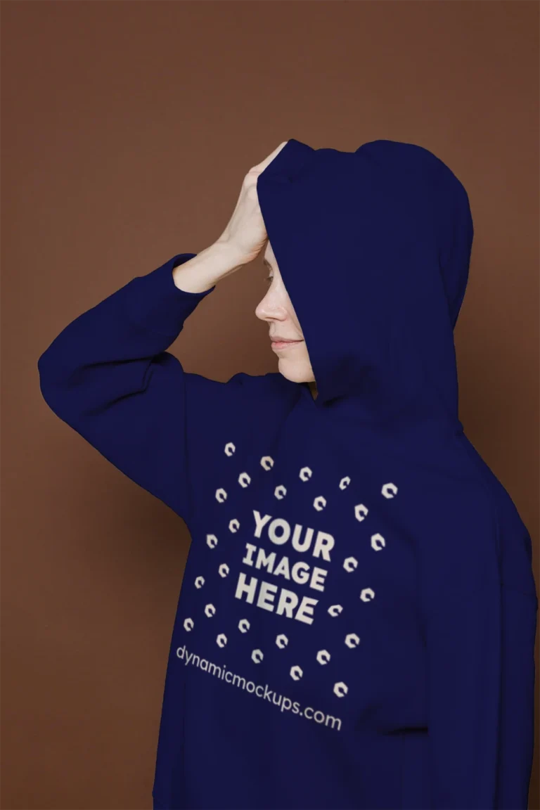 Woman Wearing Navy Blue Hoodie Mockup Front View Template