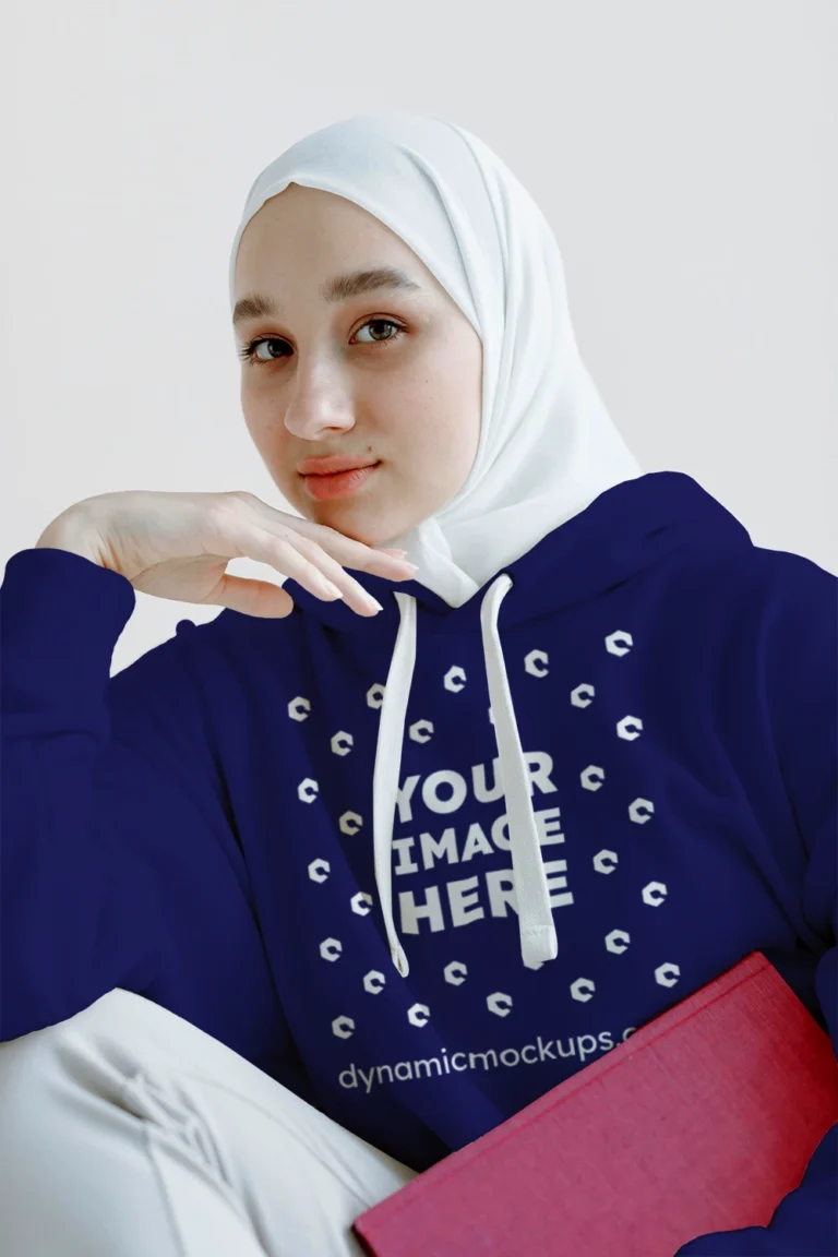 Woman Wearing Navy Blue Hoodie Mockup Front View Template