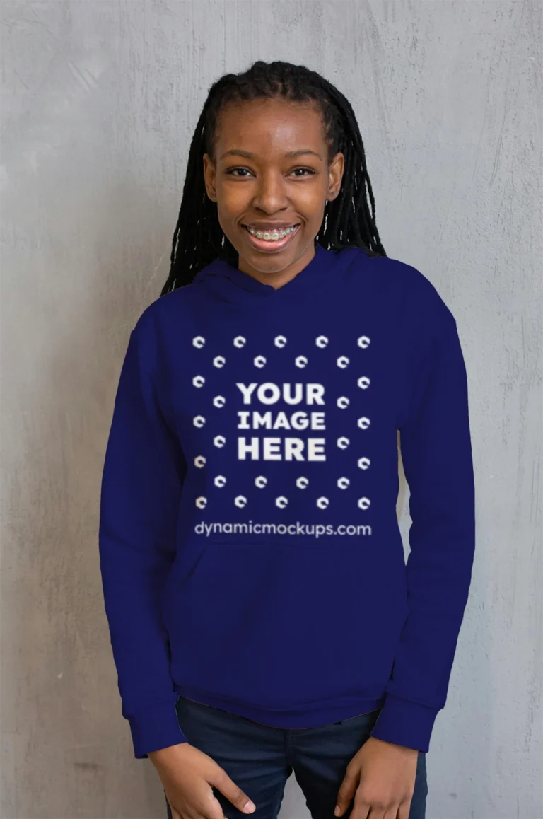 Woman Wearing Navy Blue Hoodie Mockup Front View Template