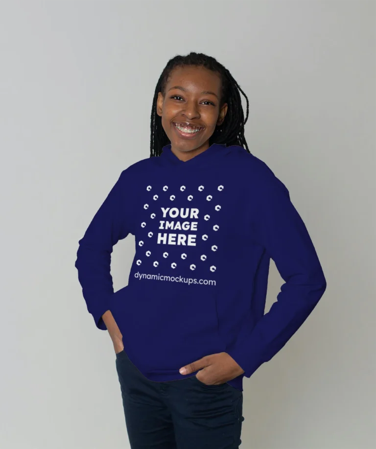 Woman Wearing Navy Blue Hoodie Mockup Front View Template