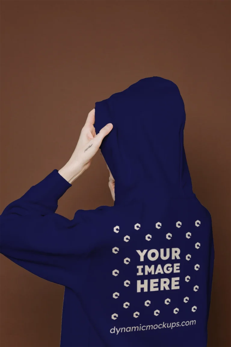 Woman Wearing Navy Blue Hoodie Mockup Back View Template